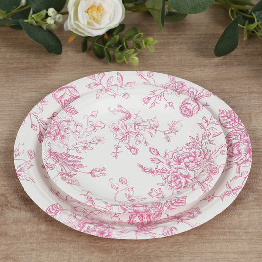 25-Pack Paper 7" Round Dessert Plates in White with Matte Pink French Toile Pattern - Disposable Floral Salad Appetizer Plates Disposables HIER_4130