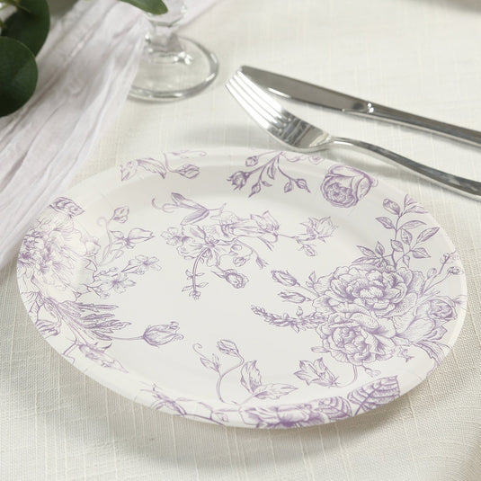 25-Pack Paper 9" Round Dinner Plates in White with Matte Lavender French Toile Pattern - Disposable Floral Party Plates Disposables HIER_4130