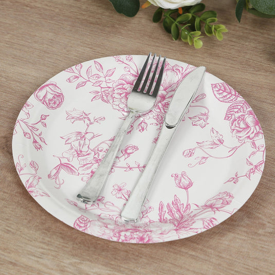 25-Pack Paper 9" Round Dinner Plates in White with Matte Pink French Toile Pattern - Disposable Floral Party Plates Disposables HIER_4130