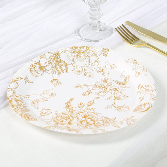 25-Pack Paper 9" Round Dinner Plates in White with Gold French Toile Pattern - Disposable Floral Party Plates for Stylish Events Disposables HIER_4130