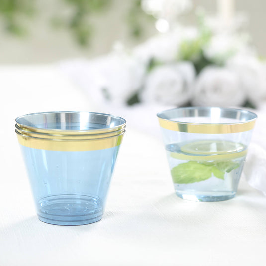 25-Pack Plastic Party Cups Transparent Dusty Blue Crystal with Gold Rim - Stylish Short Disposable Glasses 9oz Disposables HIER_4300