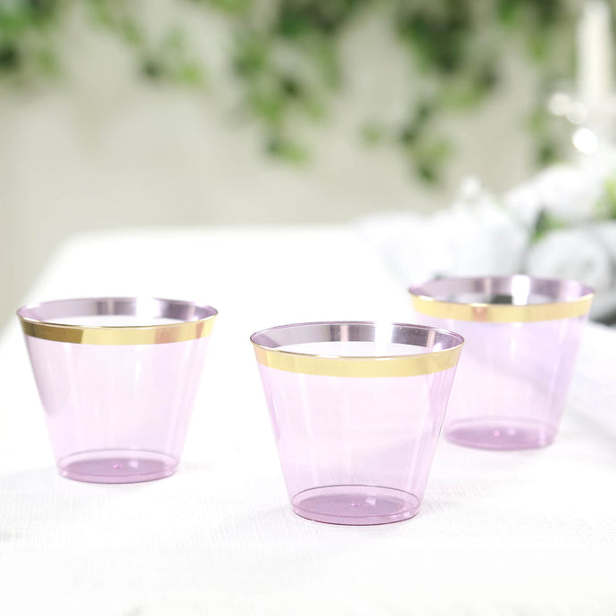 25-Pack Plastic Party Cups Transparent Purple Crystal with Gold Rim - Stylish Short Disposable Glasses 9oz Disposables HIER_4300