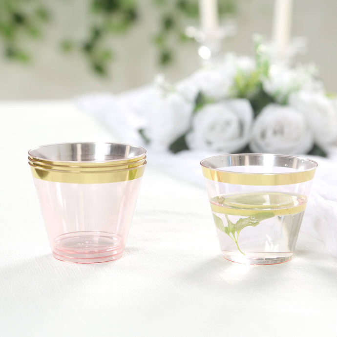 25-Pack Plastic Party Cups Transparent Blush Crystal with Gold Rim - Stylish Short Disposable Glasses 9oz Disposables HIER_4300