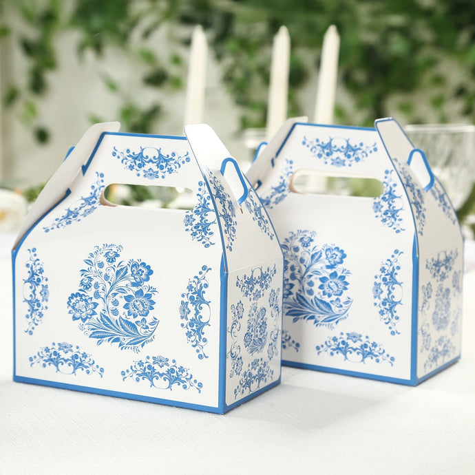 25 Pack Candy Gift Tote Gable Boxes in White Royal Blue Damask Floral Pattern, Party Favor Treat Boxes - 6