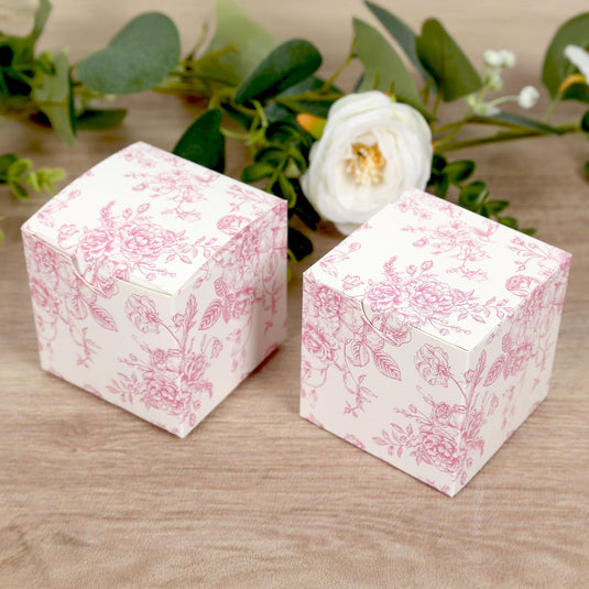 25 Pack Candy Treat Favor Boxes in French Toile Pattern - Matte Pink and White Party Gift Boxes, Cardstock Paper - 3"x3" Favor Bags & Boxes HIER_9720