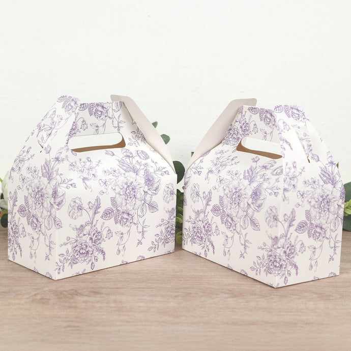 25 Pack Candy Treat Tote Boxes in French Toile Pattern - Matte Lavender and White Party Favor Gable Boxes, Cardstock Paper - 6