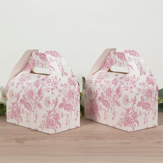 25 Pack Candy Treat Tote Boxes in French Toile Pattern - Matte Pink and White Party Favor Gable Boxes, Cardstock Paper - 6