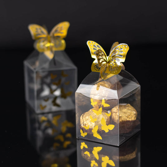 25 Pack Clear Transparent Square Party Favor Boxes with Gold Butterfly Top, Clear Candy Treat Gift Boxes - 2"x2"x4" Favor Bags & Boxes HIER_9720