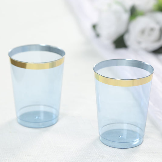 25-Pack Plastic Tumbler Cups Transparent Dusty Blue with Gold Rim - Stylish Disposable Party Glasses 10oz Disposables HIER_4300