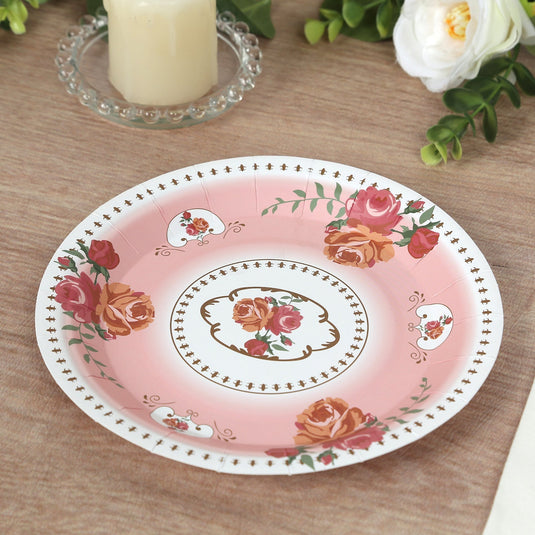 25-Pack Paper 9" Round Dinner Plates in Dusty Rose with Vintage Rose Flower Print - Disposable Plates Disposables HIER_4130