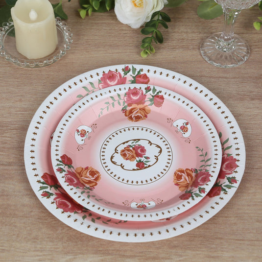 25-Pack Paper 7" Round Dessert Plates in Dusty Rose with Vintage Rose Flower Print - Disposable Appetizer Salad Plates Disposables HIER_4130