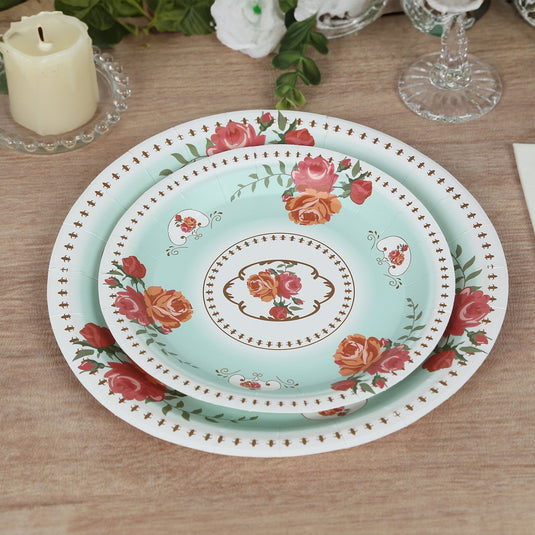 25-Pack Paper 7" Round Dessert Plates in Turquoise with Vintage Rose Flower Print - Disposable Appetizer Salad Plates Disposables HIER_4130