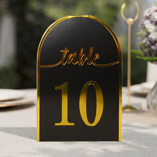 25-Pack 7" Disposable Table Numbers, Black Free Standing Double Sided Table Number Place Cards with Metallic Gold Foil Numbers 1-25 Decorations HIER_7410