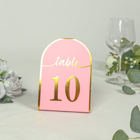 25-Pack 7" Disposable Table Numbers, Blush Free Standing Double Sided Table Number Place Cards with Metallic Gold Foil Numbers 1-25 Decorations HIER_7410