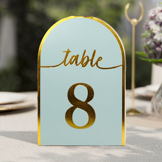 25-Pack 7" Disposable Table Numbers, Dusty Blue Free Standing Double Sided Table Number Place Cards with Metallic Gold Foil Numbers 1-25 Decorations HIER_7410