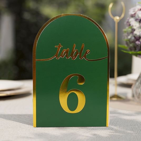 25-Pack 7" Disposable Table Numbers, Hunter Emerald Green Free Standing Double Sided Table Number Place Cards with Metallic Gold Foil Numbers 1-25 Decorations HIER_7410