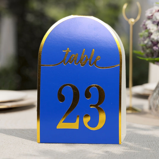 25-Pack 7" Disposable Table Numbers, Royal Blue Free Standing Double Sided Table Number Place Cards with Metallic Gold Foil Numbers 1-25 Decorations HIER_7410