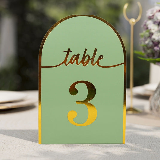 25-Pack 7" Disposable Table Numbers, Sage Green Free Standing Double Sided Table Number Place Cards with Metallic Gold Foil Numbers 1-25 Decorations HIER_7410