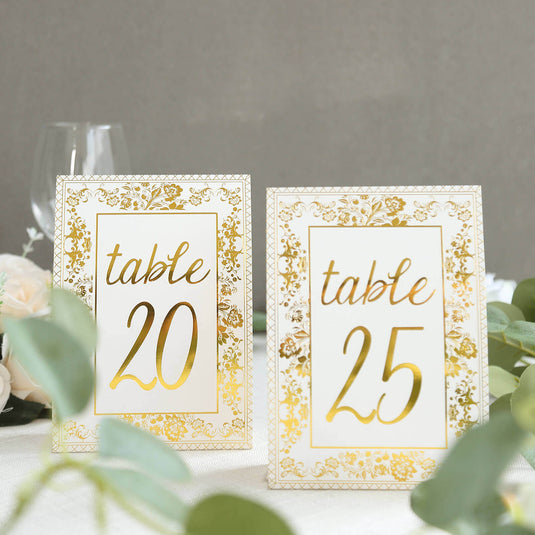 25-Pack Paper Wedding Table Numbers 1-25 White/Metallic Gold French Toile Design - Free Standing Double Sided Table Signs with Glam Gold Foil Numbers 7