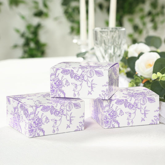 25 Pack Party Favors Boxes in French Toile Pattern, Matte Lavender and White Candy Gift Boxes - Cardstock Paper - 4