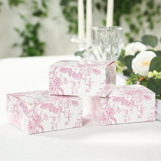 25 Pack Party Favors Boxes in French Toile Pattern, Matte Pink and White Candy Gift Boxes - Cardstock Paper - 4