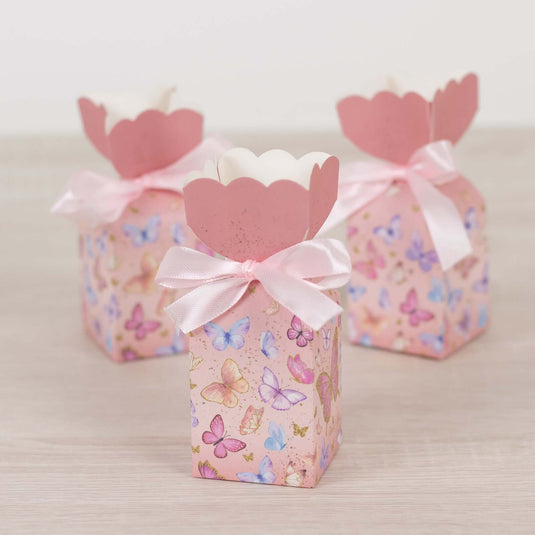 25 Pack Pink Floral Top Candy Gift Boxes With Butterfly Print, Cardstock Paper Party Favor Boxes With Satin Ribbons - 2"x5" Favor Bags & Boxes HIER_9720