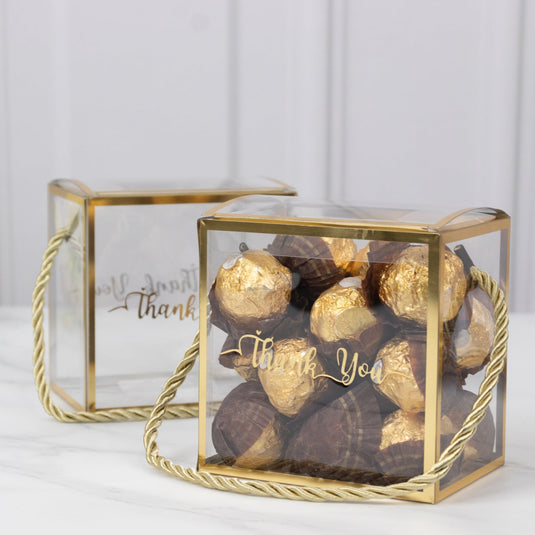 25 Pack Plastic Clear Square Gift Boxes with Gold Trim - Transparent Favor Boxes, Rope Handle, Pre-Printed Thank You Message - 4"x4" Decorations HIER_9710