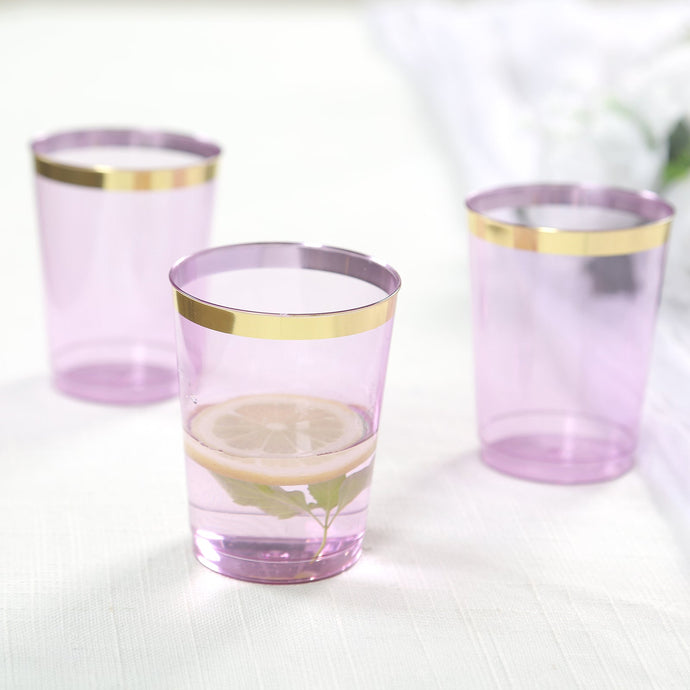 25-Pack Plastic Tumbler Cups Transparent Purple with Gold Rim - Stylish Disposable Party Glasses 10oz Disposables HIER_4300