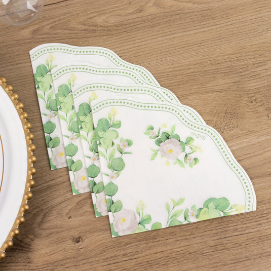 25-Pack Round Paper Cocktail Napkins with Floral Greenery and Scalloped Edge White - Disposable 2 Ply Beverage Napkins 12" Napkins HIER_4510