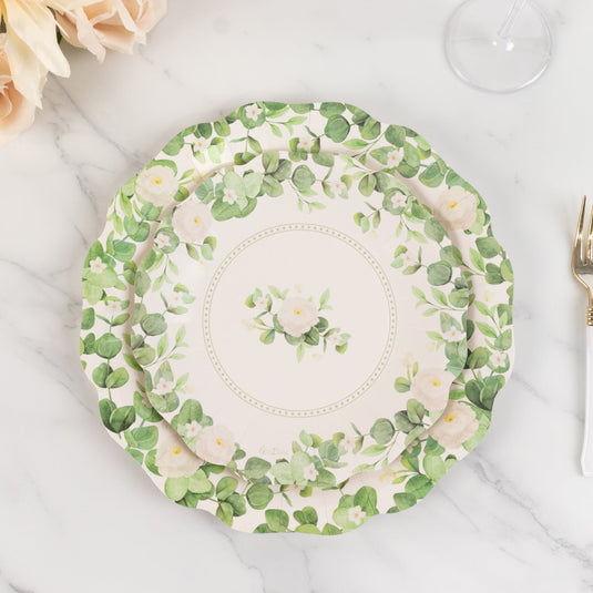 25-Pack Paper 8" Round Dessert Plates in White with Floral Greenery & Scalloped Edges - Disposable Appetizer Salad Plates for Rustic Weddings & Garden Brunches Disposables HIER_4130