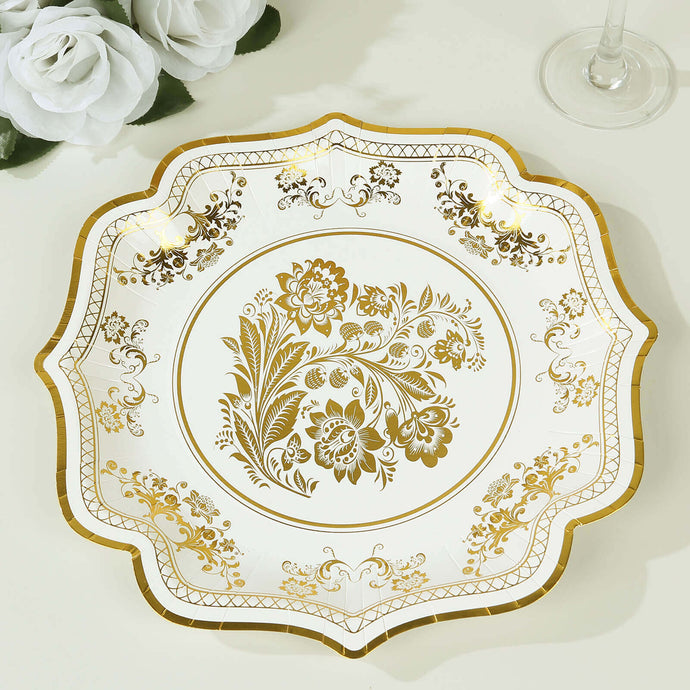 25-Pack Paper Dinner Plates in White Gold Damask Floral Print & Scallop Rim - Stylish Disposable 300GSM Floral Party Plates 10