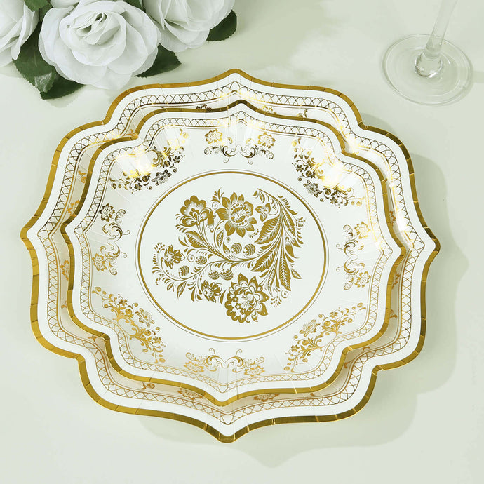 25-Pack Paper Dessert Plates in White with Gold Damask Floral Print & Scallop Rim - Stylish Disposable 300GSM Floral Salad Appetizer Plates for Weddings & Events 8