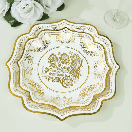 25-Pack Paper Dessert Plates in White with Gold Damask Floral Print & Scallop Rim - Stylish Disposable 300GSM Floral Salad Appetizer Plates for Weddings & Events 8" Disposables HIER_4130