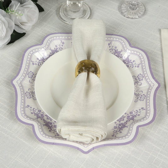 25-Pack Paper Dessert Plates in White with Lavender Lilac Damask Floral Print & Scallop Rim - Stylish Disposable 300GSM Floral Salad Appetizer Plates 8" Disposables HIER_4130