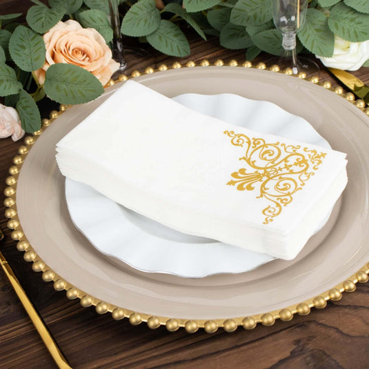 25 Pack White Linen-Feel Dinner Paper Napkins with Gold Fleur Vintage Print, Premium Cloth-Like Airlaid Disposable Napkins, Soft and Absorbent Guest Towels Napkins PROstorez Default Title