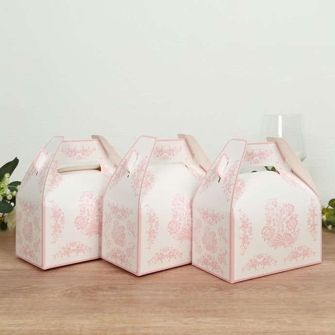 25 Pack White Pink Candy Gift Tote Gable Boxes in Damask Floral Pattern, Party Favor Treat Boxes - 6