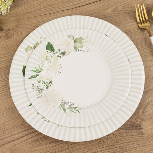 25-Pack Paper 8" Round Dessert Plates in White with Sage Green Floral Print & Lined Rim - Disposable Appetizer Salad Party Plates for Garden Celebrations & Springtime Gatherings Disposables HIER_4130