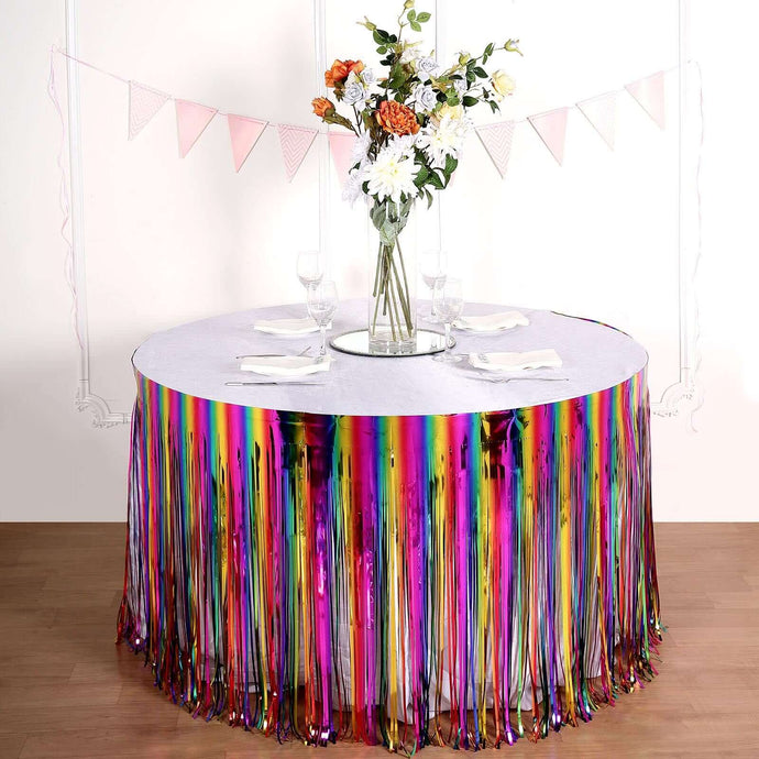 Metallic Foil Fringe Table Skirt Rainbow with Self Adhesive Backing - Durable Tinsel Skirt for Parties 30