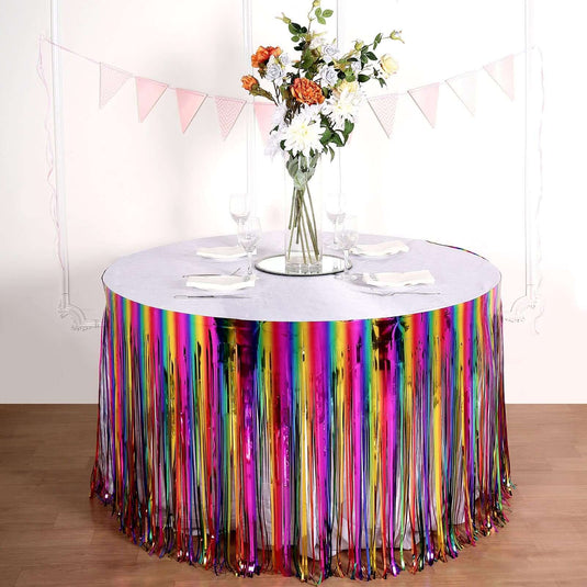 Metallic Foil Fringe Table Skirt Rainbow with Self Adhesive Backing - Durable Tinsel Skirt for Parties 30"x9ft Table Skirts HIER_4520 Default Title