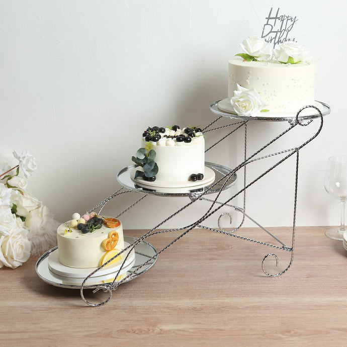 3-Tier Cake Stand Cascading Design with Round Mirror Trays Silver - Dessert Display and Serving Platter Metal 16