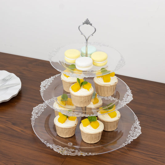 3-Tier Clear Plastic Cupcake Tower Stand with Silver Embossed Baroque Rim, 13