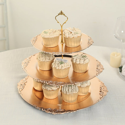 3-Tier Plastic Round Cupcake Stand Metallic Gold - Vintage-Inspired Reusable Dessert Display Holder Tea Party Serving Tray Platter with Baroque Rim & Top Handle 13" Cake Stands HIER_7520