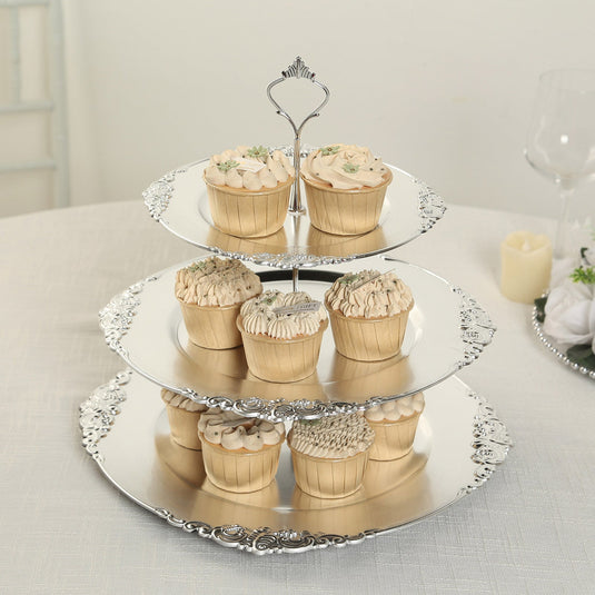 3-Tier Plastic Round Cupcake Stand Metallic Silver - Vintage-Inspired Reusable Dessert Display Holder Tea Party Serving Tray Platter with Baroque Rim & Top Handle 13" Cake Stands HIER_7520