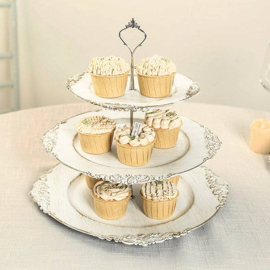 3-Tier Plastic Round Cupcake Stand Whitewashed - Vintage-Inspired Reusable Dessert Display Holder Tea Party Serving Tray Platter with Antique Gold Baroque Rim & Top Handle 13" Cake Stands HIER_7520