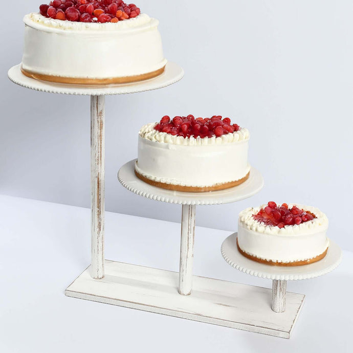 3-Tier Wooden Cake Stand Whitewash with Round Beaded Rim Trays - Rustic Cupcake Tower Dessert Display 24