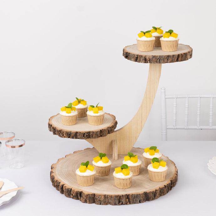 3-Tier Wooden Cupcake Stand Rustic Natural Wood Slice with Tree Branch Style - Farmhouse Dessert Display Cake Holder 17