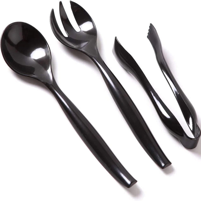 Plastic Serving Utensils,Heavy Duty Black Disposable, 3-Piece Each-in-One, Set 9-Piece Serverware Vezee