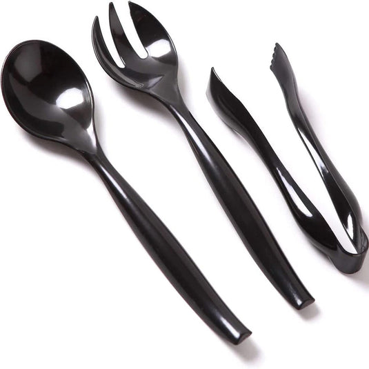 Plastic Serving Utensils, Heavy Duty Black Disposable, 3-Piece Each-in-One, Set 18-Piece Serverware Vezee