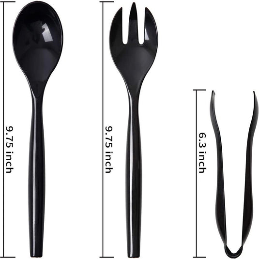 Plastic Serving Utensils, Heavy Duty Black Disposable, 3-Piece Each-in-One, Set 18-Piece Serverware Vezee