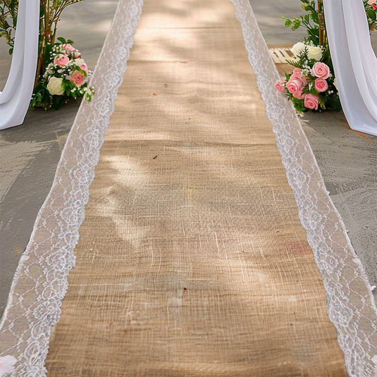 30ft Natural Jute Burlap Aisle Runner with White Floral Lace Borders Decorations PROstorez Default Title